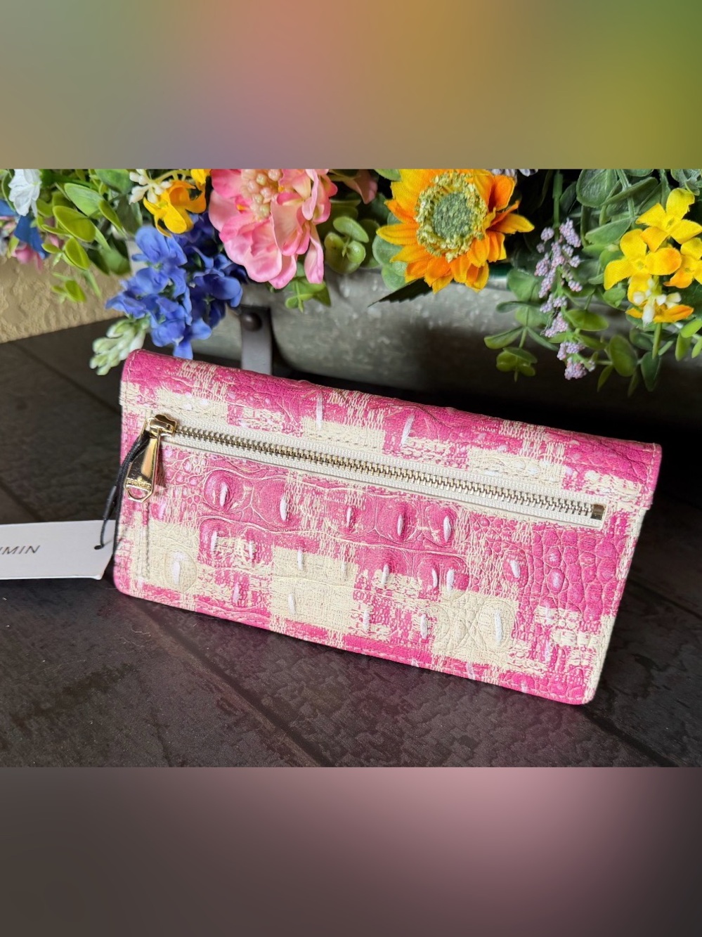 Brahmin Ady Wallet Empower Sakura Genuine Leather NWT pink  plaid houndstooth - Picture 4 of 8